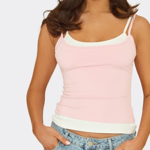 EGO DOUBLE LAYER STRAPPY VEST TOP IN PINK, Women's Size UK 6 - 2