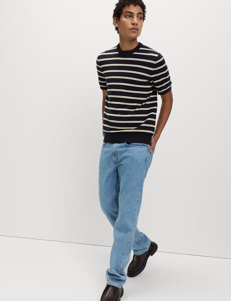 Marks & Spencer M&S Striped Knitted T-Shirt in Navy Mix