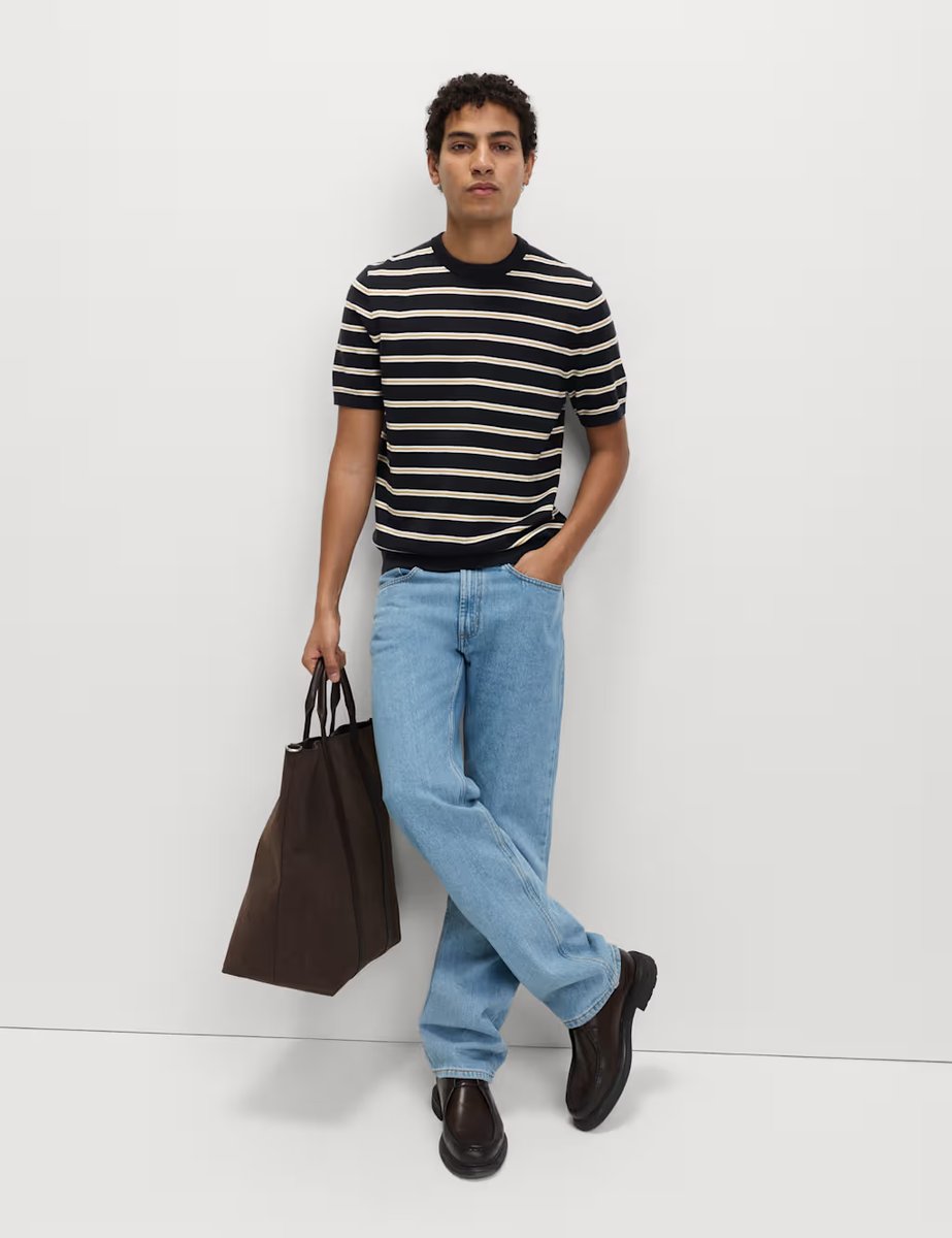 Marks & Spencer M&S Cotton Rich Striped Knitted T-Shirt Navy Mix - 2