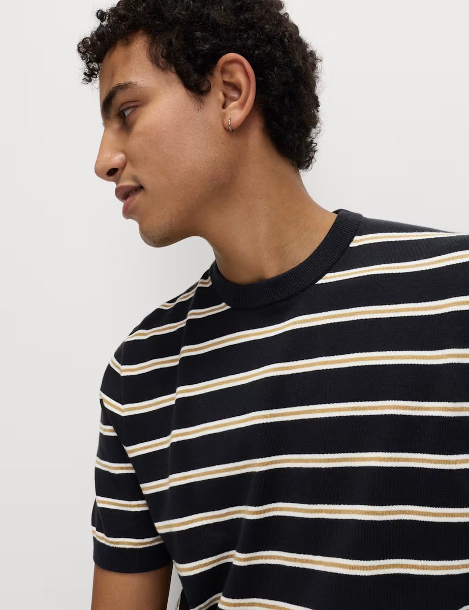 Marks & Spencer M&S Cotton Rich Striped Knitted T-Shirt Navy Mix - 3