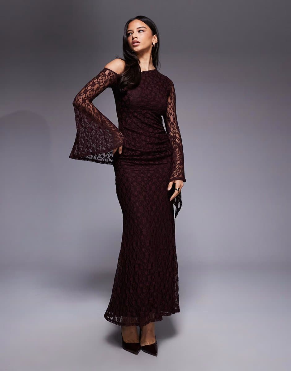 ASOS ASOS DESIGN lace off shoulder maxi dress with exaggerated cuff detail in plum