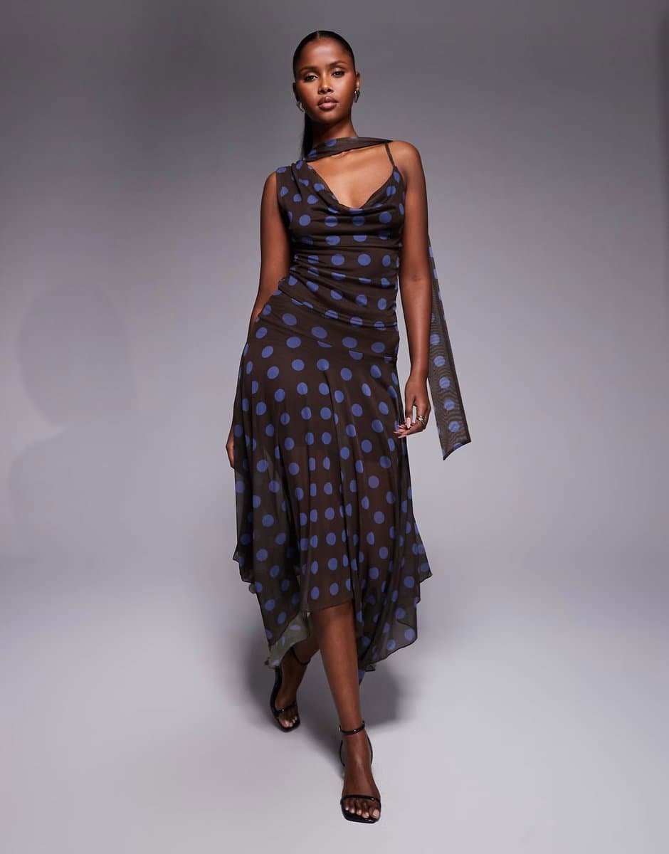 ASOS Kaiia exclusive double layered slinky mesh fairy hem maxi skirt co-ord in brown and blue polka dot