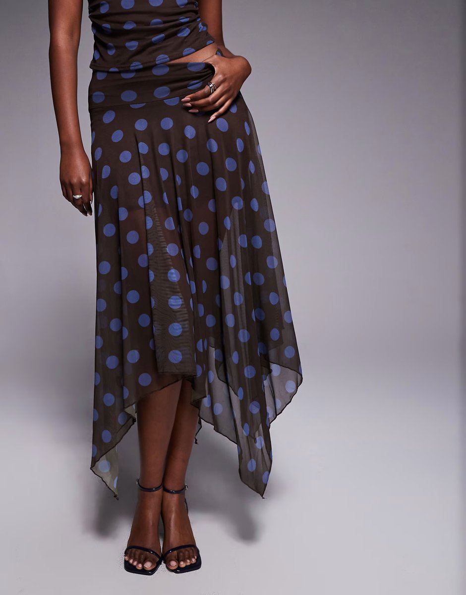 ASOS Kaiia exclusive double layered slinky mesh fairy hem maxi skirt co-ord in brown and blue polka dot - 2