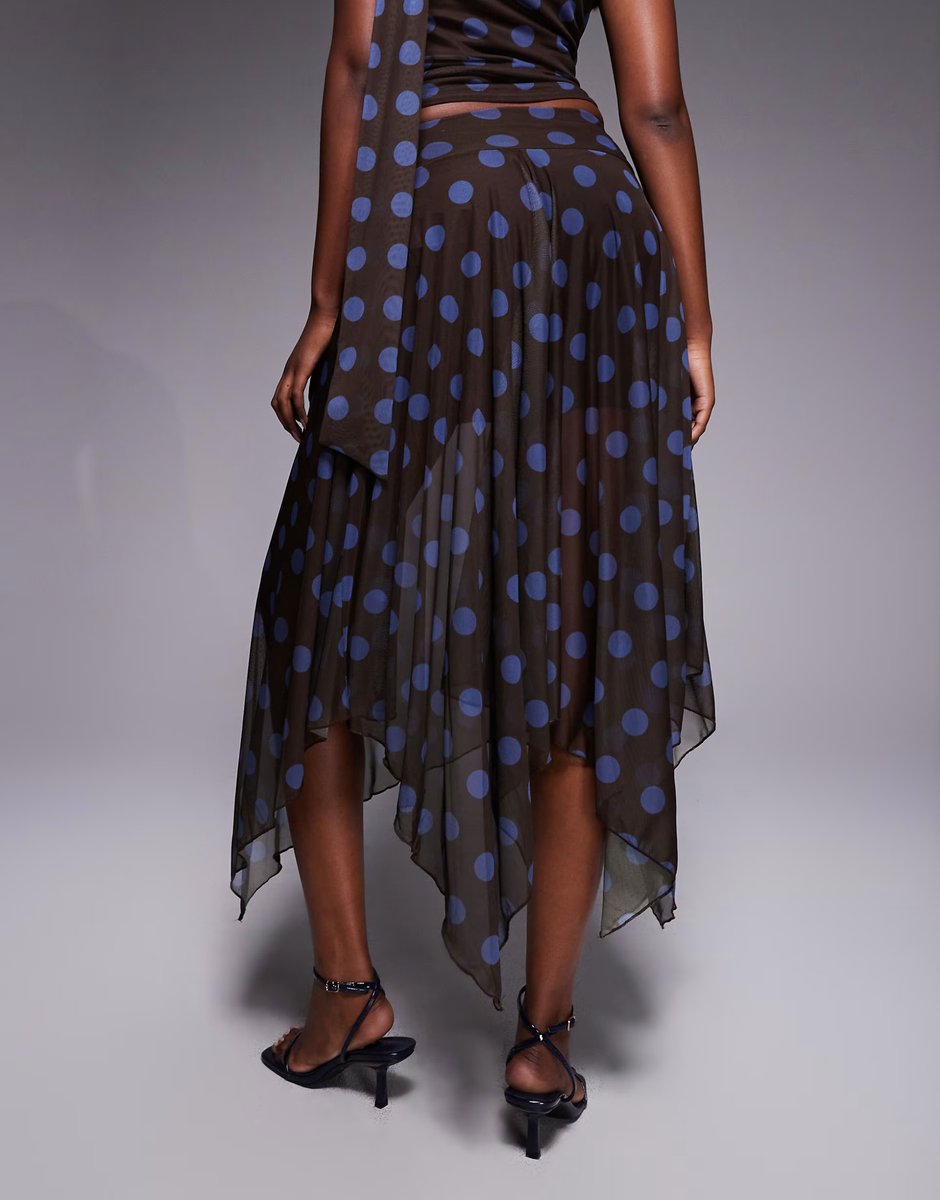 ASOS Kaiia exclusive double layered slinky mesh fairy hem maxi skirt co-ord in brown and blue polka dot - 4