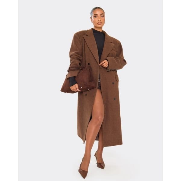 EGO Oversized Textured Wool Look Maxi Coat In Chocolate Brown, Women's Size UK 4 - 2