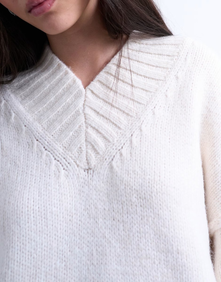 ASOS Topshop knitted high V-neck mini oversized dress in ivory - 4