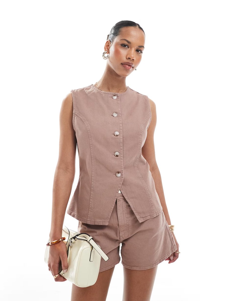 ASOS ASOS DESIGN denim cami waistcoat & short co-ord in mocha - 3