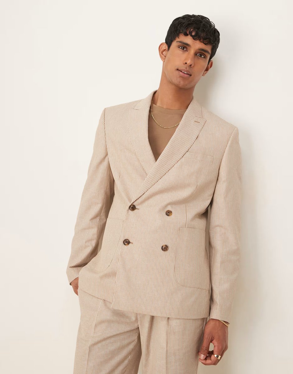 ASOS ASOS DESIGN linen slim suit jacket in stone stripe - 1