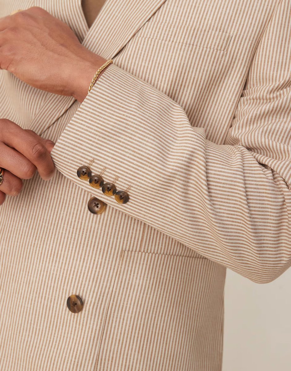 ASOS ASOS DESIGN linen slim suit jacket in stone stripe - 3