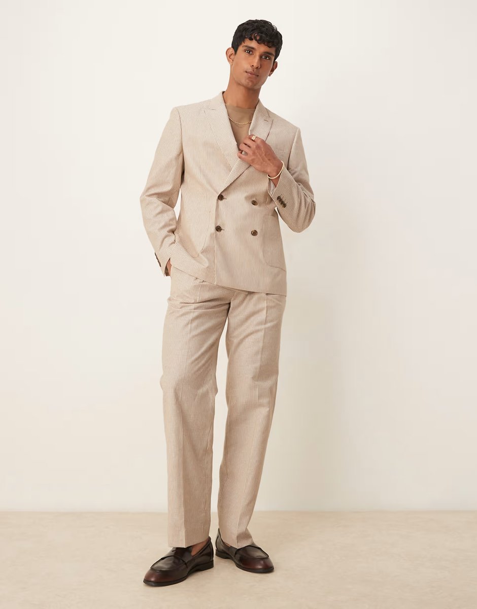 ASOS ASOS DESIGN linen slim suit jacket in stone stripe - 4