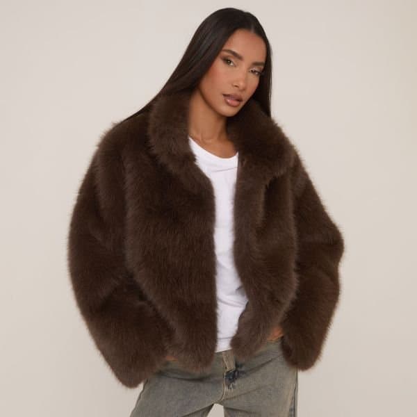 EGO Collared Jacket In Chocolate Brown Faux Fur, Women's Size UK 10