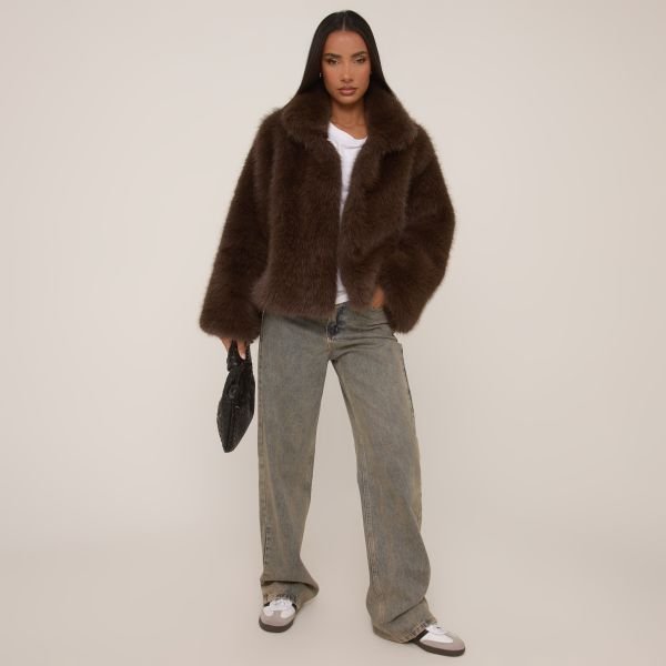EGO Collared Jacket In Chocolate Brown Faux Fur, Women's Size UK 10 - 2