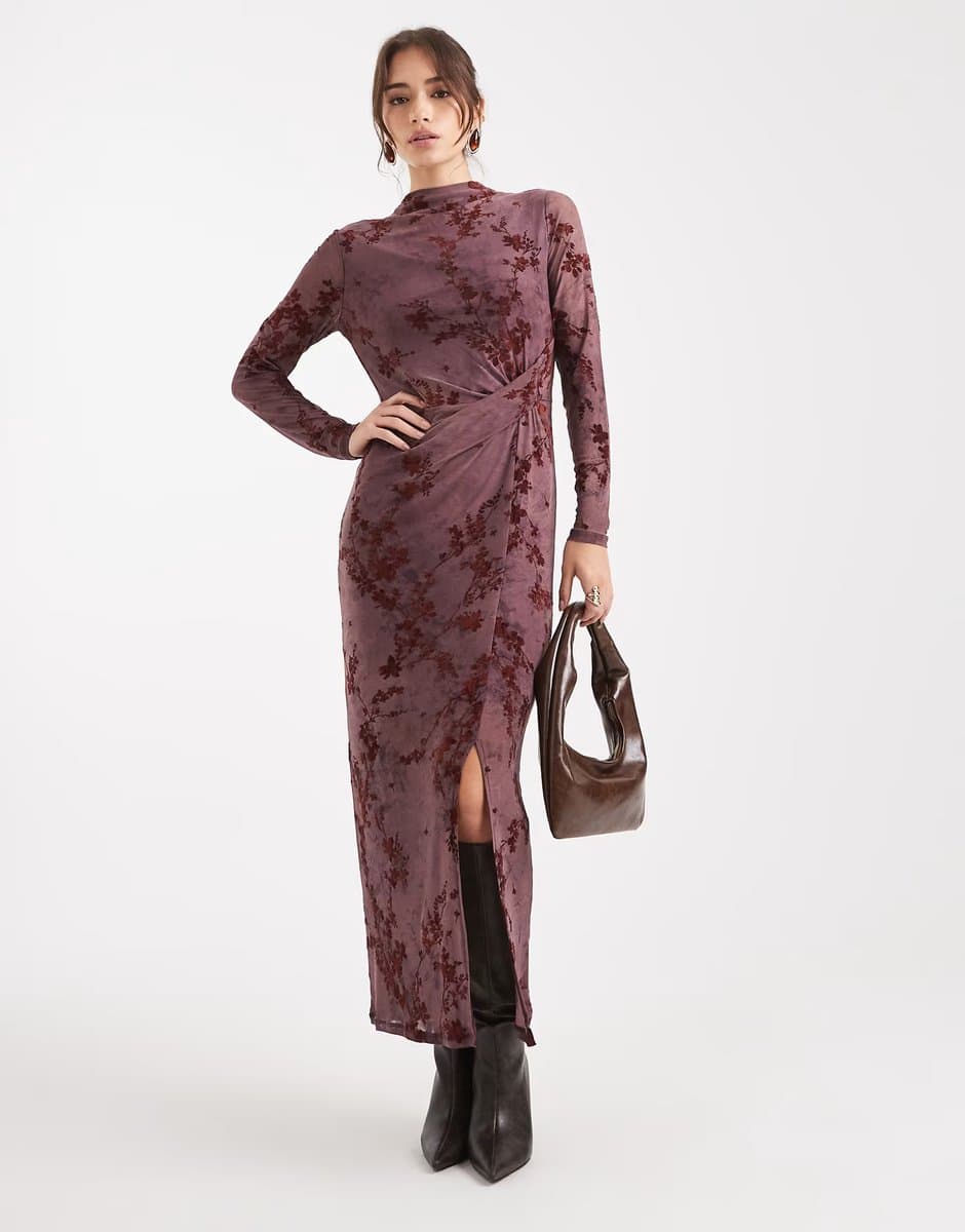 ASOS French Connection high neck mesh midi dress with velvet burnout in plum