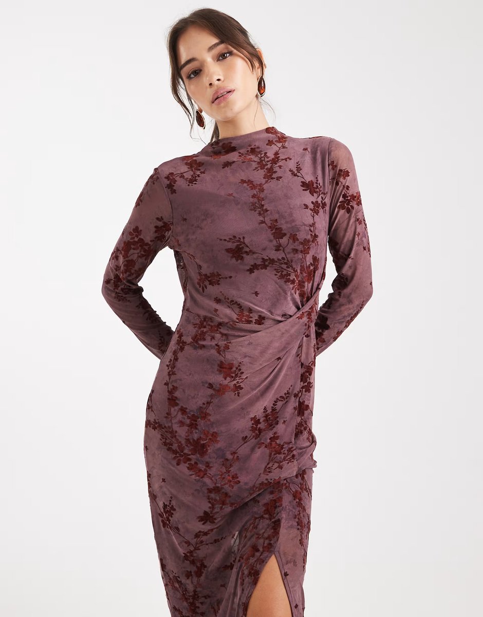 ASOS French Connection high neck mesh midi dress with velvet burnout in plum - 3