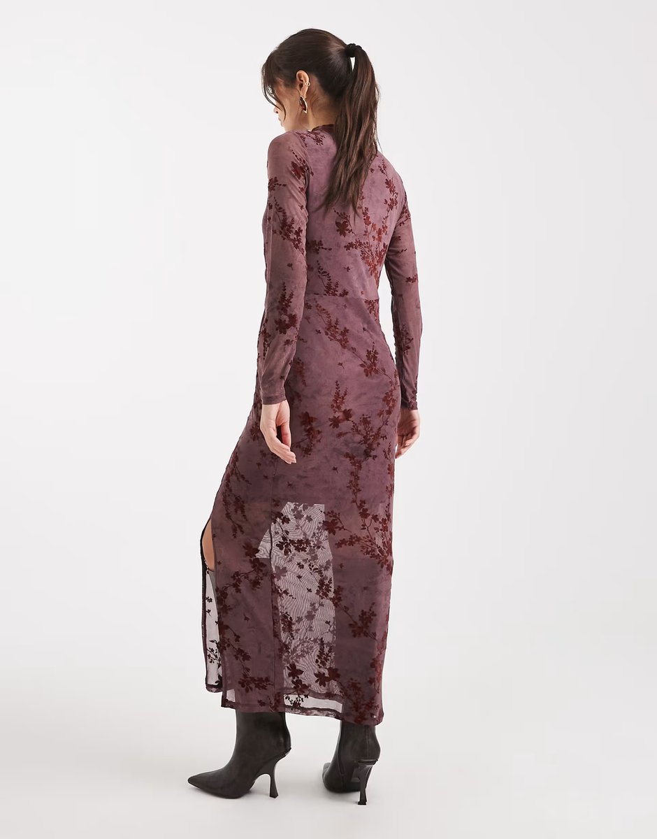 ASOS French Connection high neck mesh midi dress with velvet burnout in plum - 4