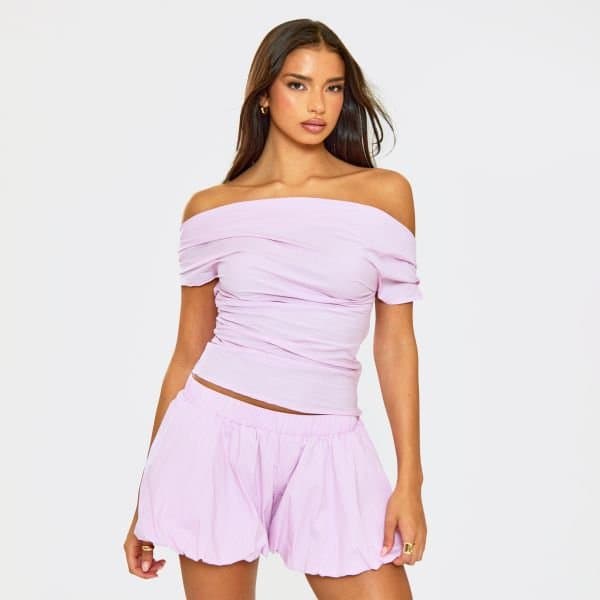 EGO EGO Asymmetric Ruched Bardot Top in Pink Stripe