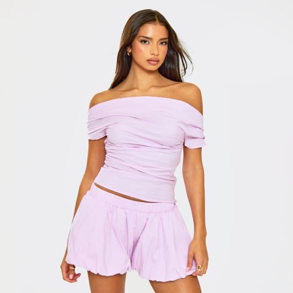 EGO Bardot Asymmetric Ruched Top In Pink Stripe, Women's Size UK 6 - 1