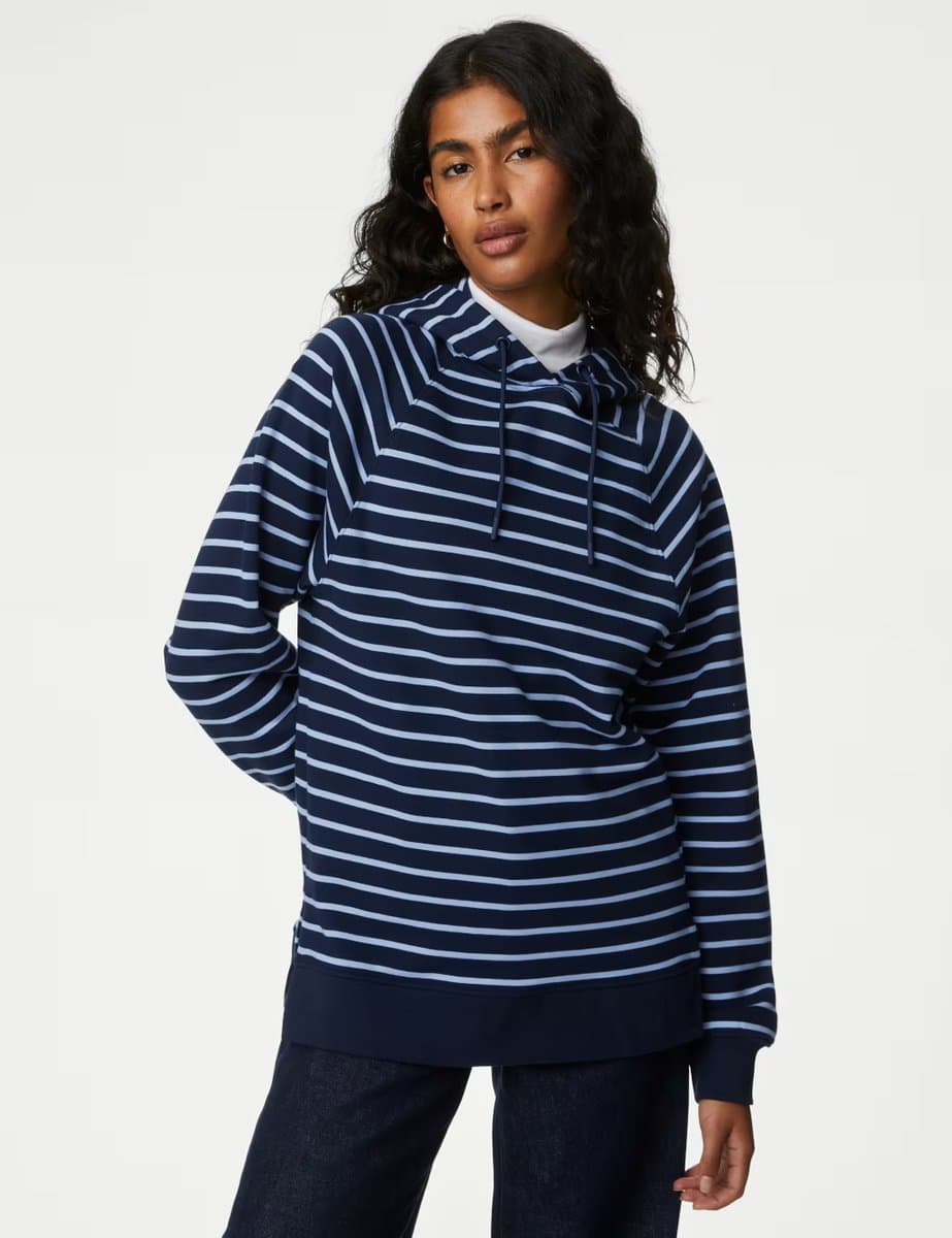 Marks & Spencer M&S Striped Longline Hoodie in Navy Mix