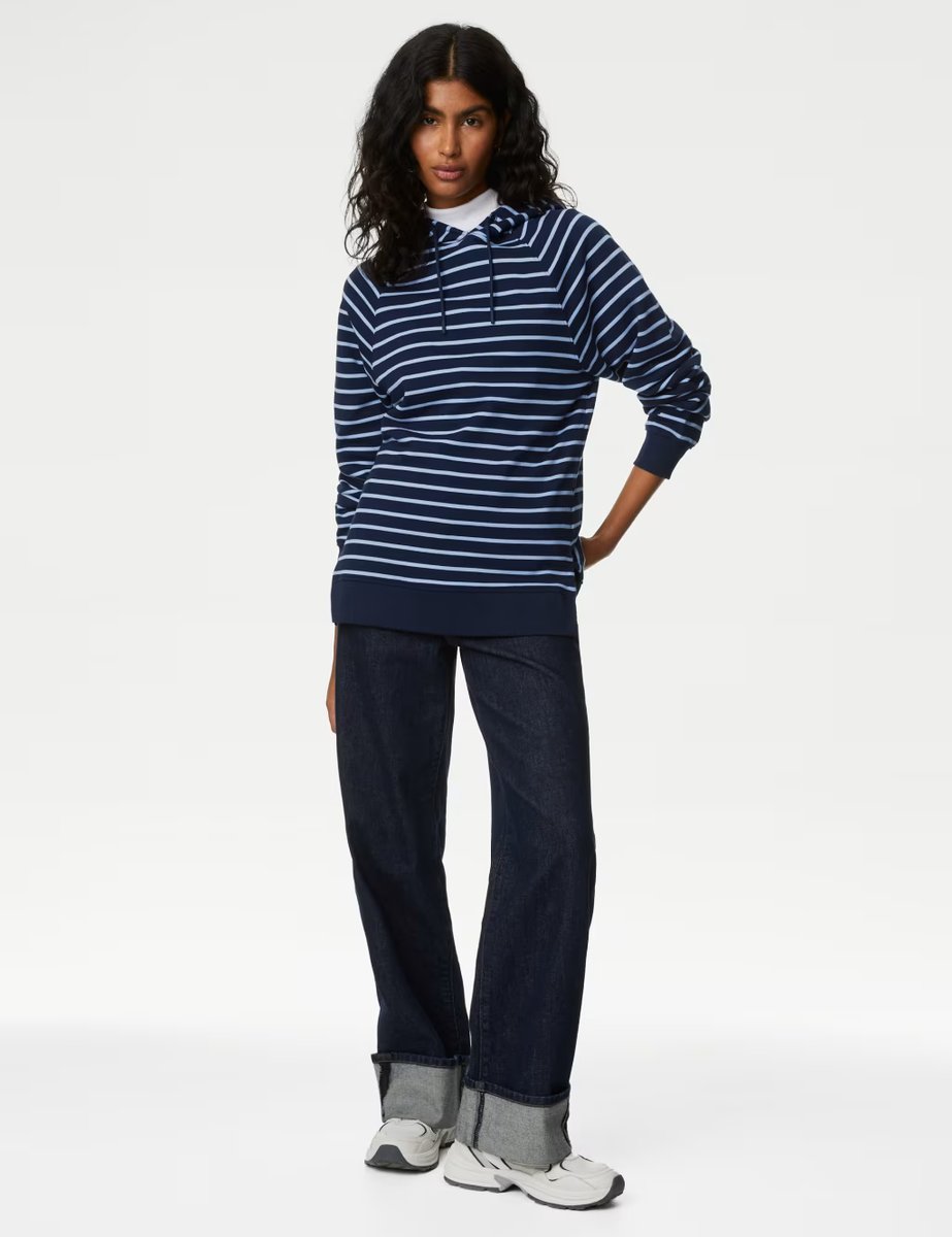 Marks & Spencer M&S Pure Cotton Striped Longline Hoodie Navy Mix - 2