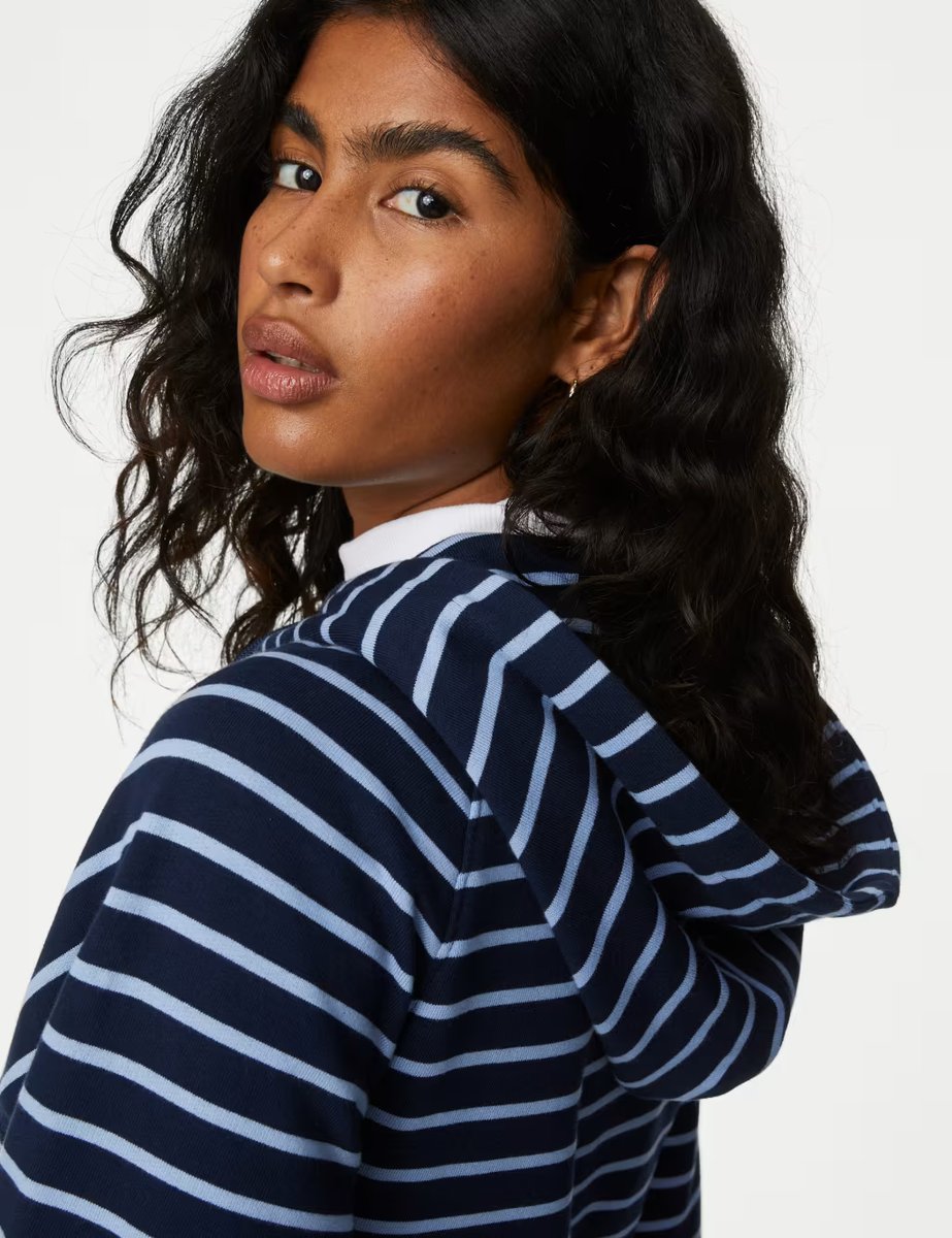 Marks & Spencer M&S Pure Cotton Striped Longline Hoodie Navy Mix - 3