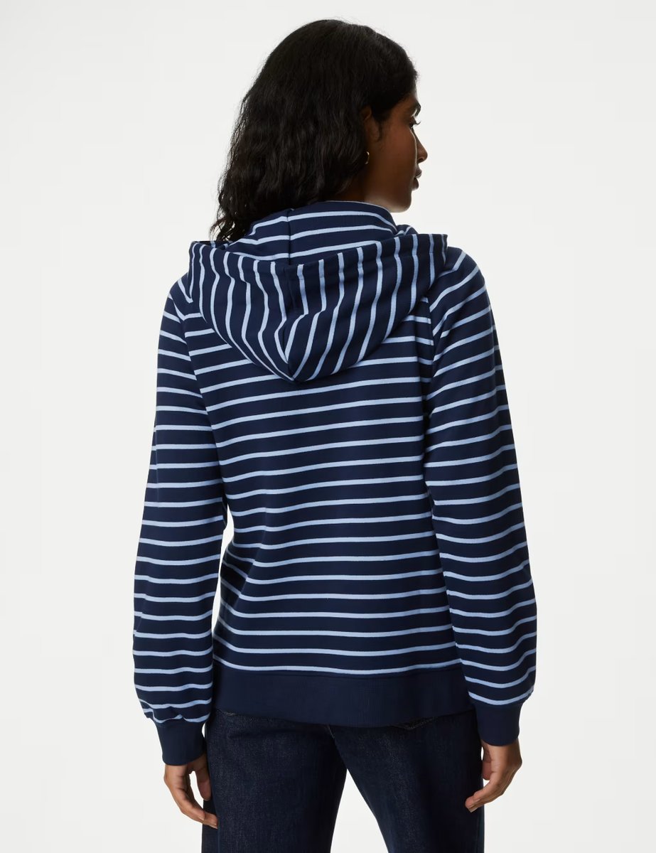 Marks & Spencer M&S Pure Cotton Striped Longline Hoodie Navy Mix - 4