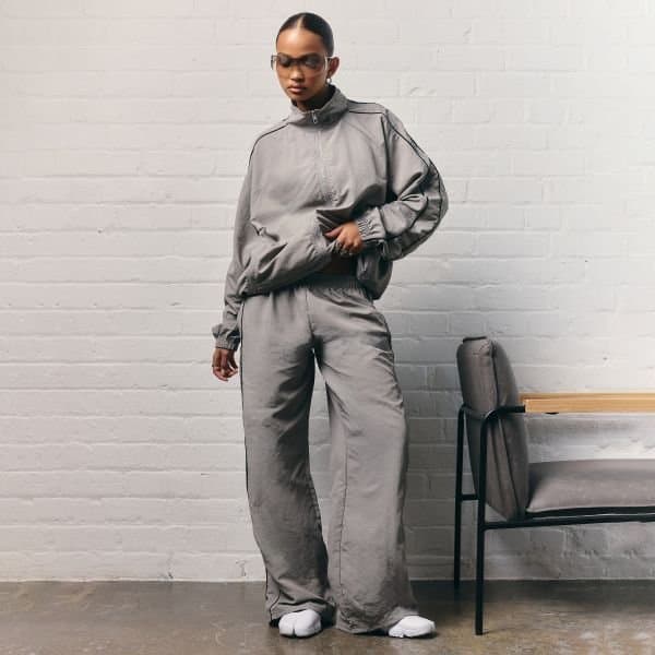 EGO Shell Contrast Stripe Detail Wide Leg Track Pants In Grey, Women's Size UK 6