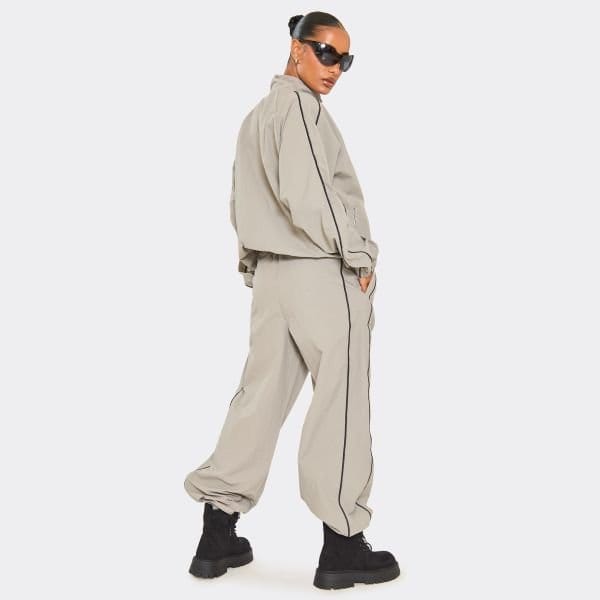 EGO Shell Contrast Stripe Detail Wide Leg Track Pants In Grey, Women's Size UK 6 - 2