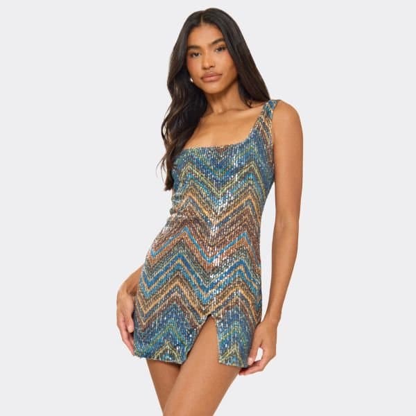 EGO Square Neck Split Hem Detail Mini Dress In Multi Printed Sequin, Women's Size UK 6