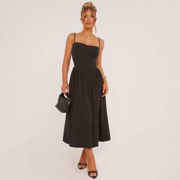 EGO Strappy Pleated Skater Midaxi Dress In Black, Women's Size UK 6