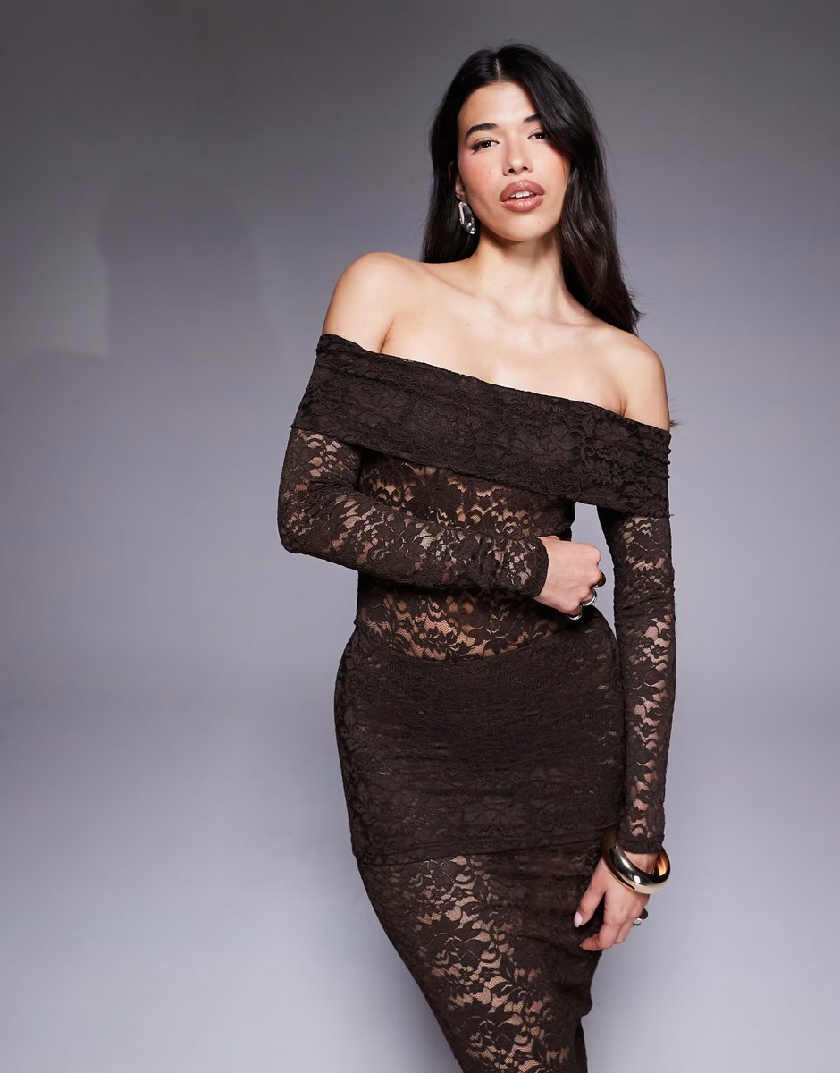 ASOS Murci exclusive sheer lace bardot bodysuit and foldover waist maxi skirt set in chocolate - 2