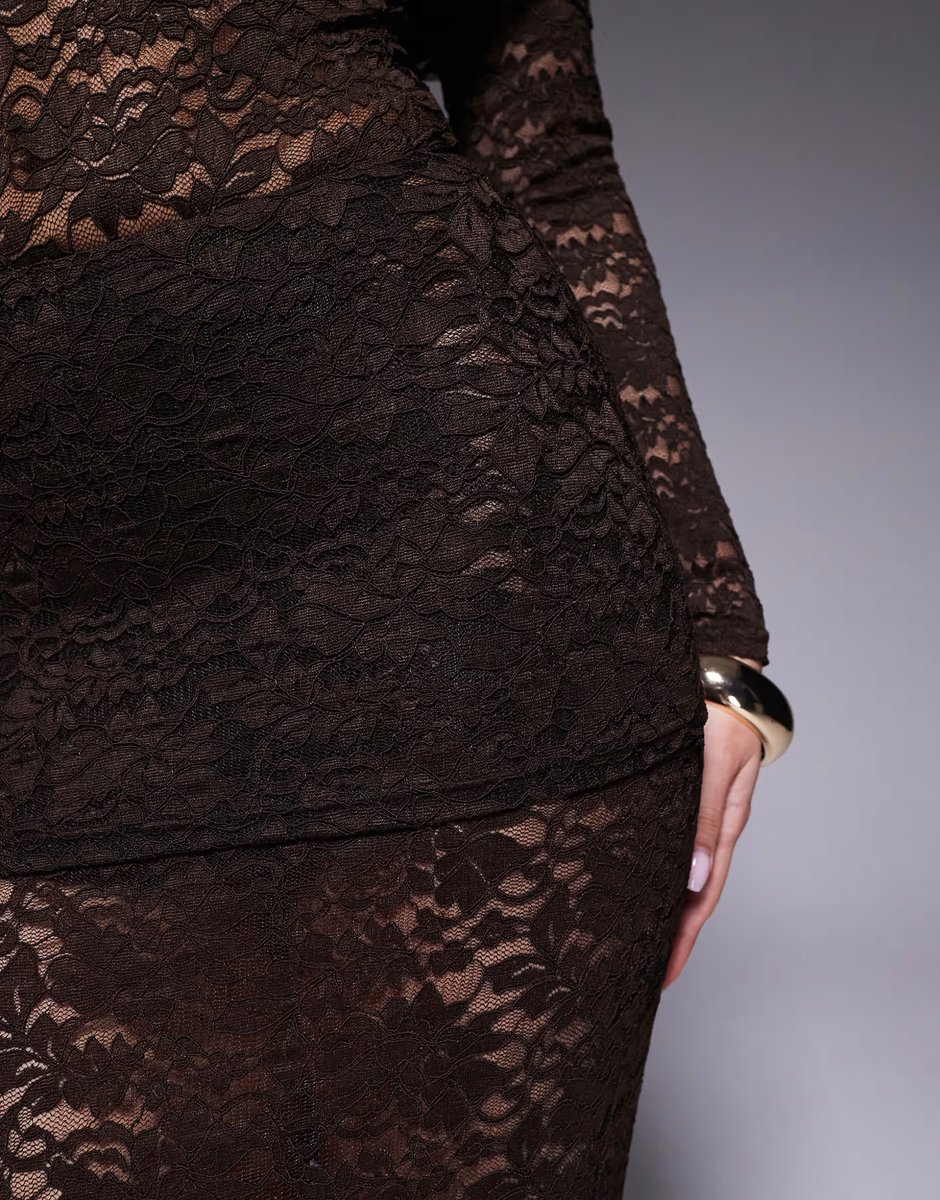 ASOS Murci exclusive sheer lace bardot bodysuit and foldover waist maxi skirt set in chocolate - 3