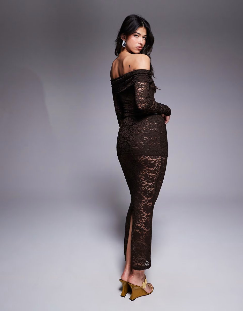 ASOS Murci exclusive sheer lace bardot bodysuit and foldover waist maxi skirt set in chocolate - 4