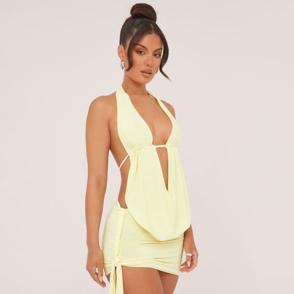 EGO Extreme Cowl Halterneck Open Back Top And Drape Detail Micro Mini Skirt Co-Ord Set In Pastel Yellow Slinky, Women's Size UK 10