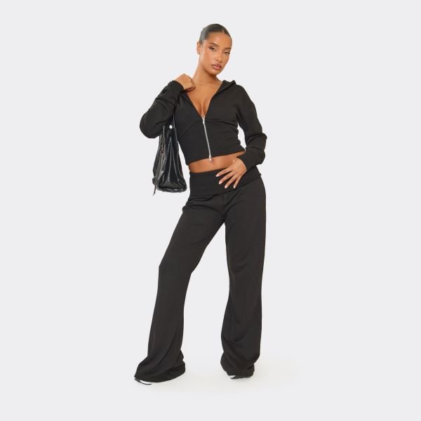 EGO Mid Rise Fold Over Straight Leg Joggers In Black, Women's Size UK 6 - 1