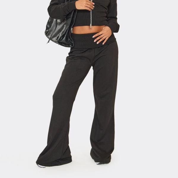 EGO Mid Rise Fold Over Straight Leg Joggers In Black, Women's Size UK 6 - 2