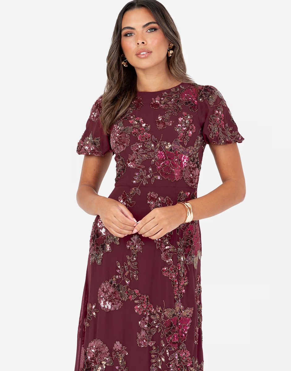 ASOS Maya Floral embellished short sleeve open back maxi dress in cranberry - 2