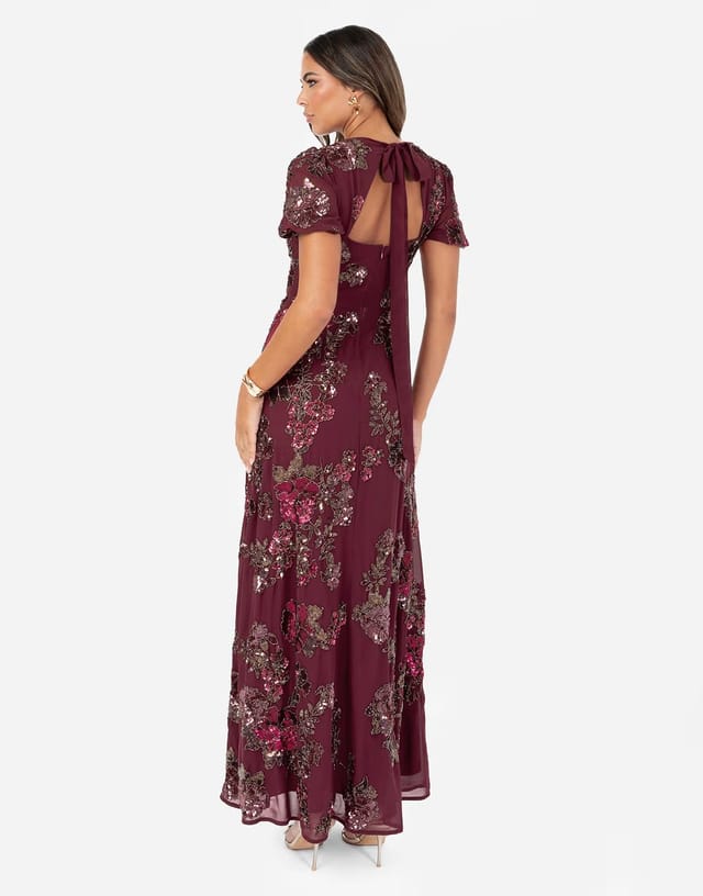 ASOS Maya Floral embellished short sleeve open back maxi dress in cranberry - 3