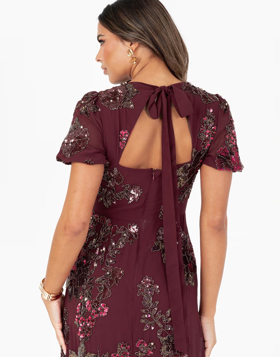 ASOS Maya Floral embellished short sleeve open back maxi dress in cranberry - 4