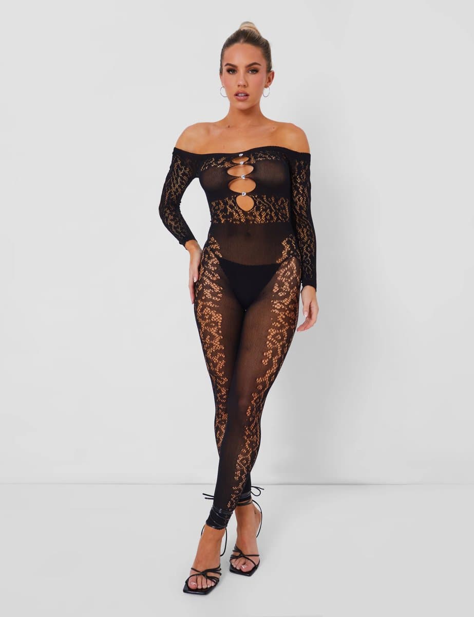 Public Desire Mesh Lace Panel Unitard Black