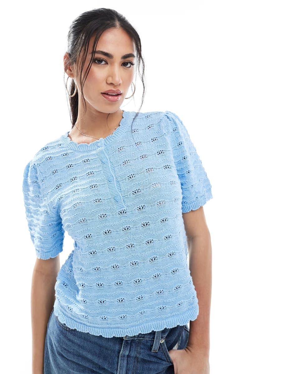 ASOS Vero Moda Light Blue Crochet Short Sleeved Top