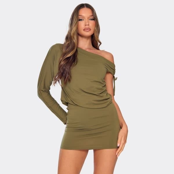EGO One Sleeve Asymmetric Drape Detail Mini Dress In Green, Women's Size UK 6