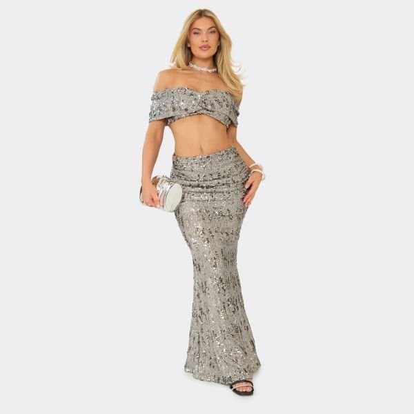 EGO Mid Waist Ruched Detail Maxi Skirt In Taupe Sequin, Women's Size UK 6