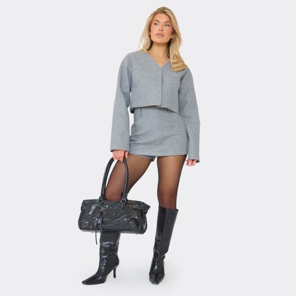 EGO Mid Rise Wool Look Mini Skort In Grey, Women's Size UK 6 - 1