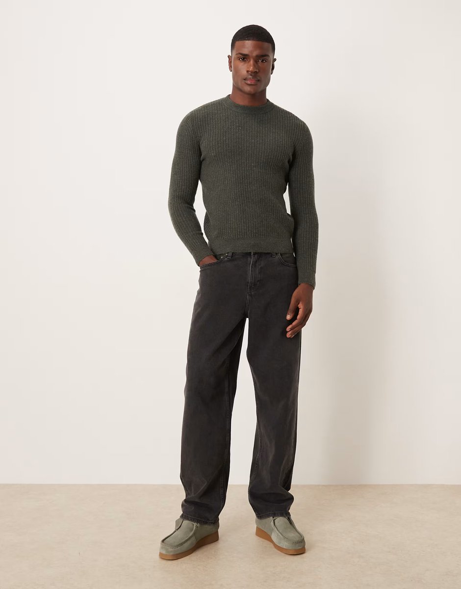 ASOS Mango classic relaxed fit ribbed jumper in dark green - 2
