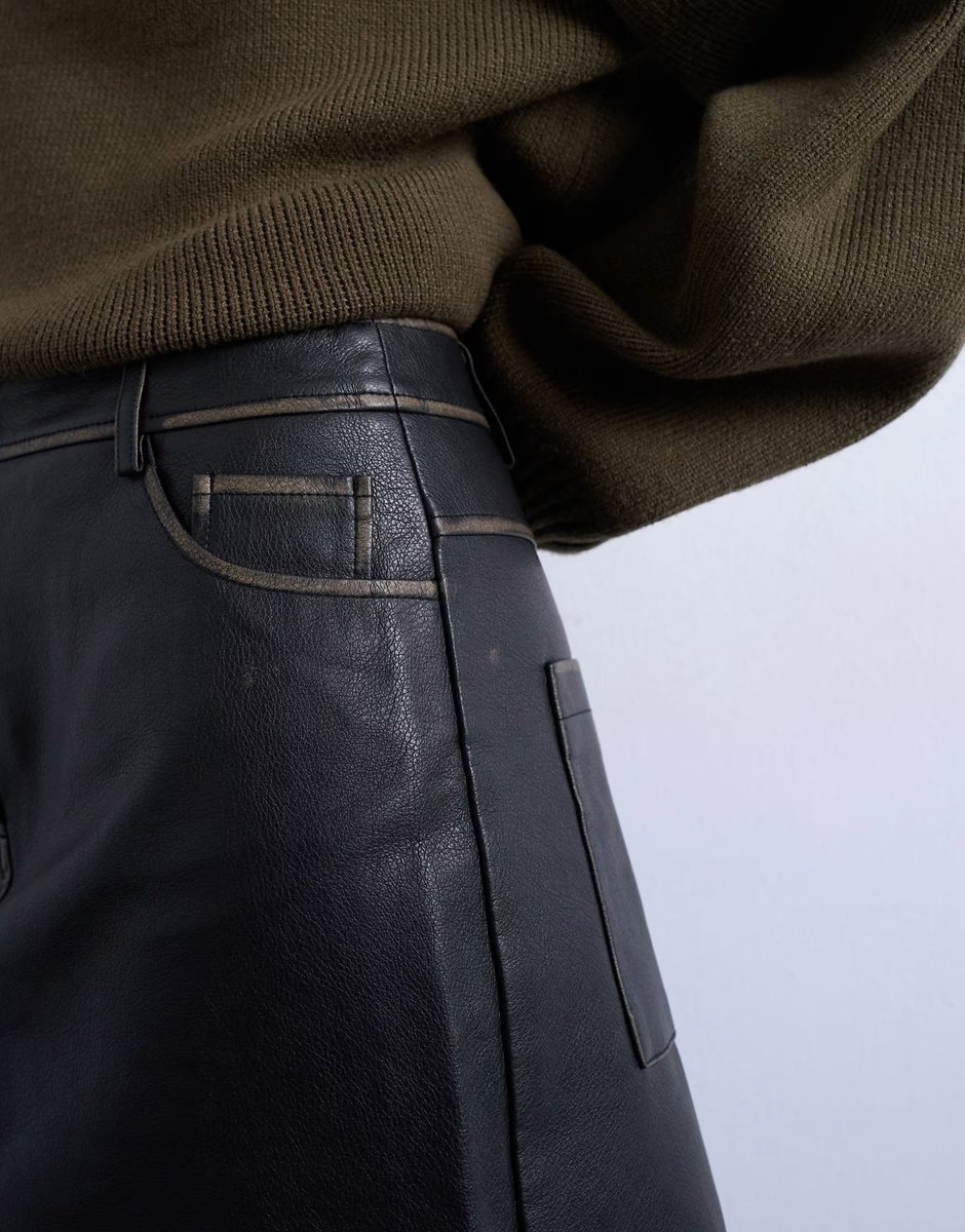 ASOS Topshop faux leather denim style v front mini skirt in washed dark brown - 3