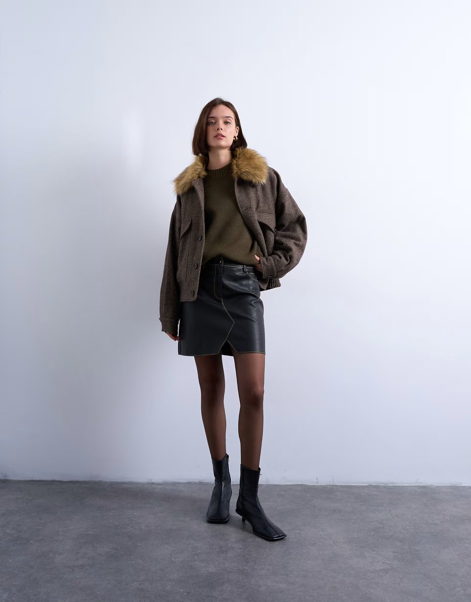 ASOS Topshop faux leather denim style v front mini skirt in washed dark brown - 4