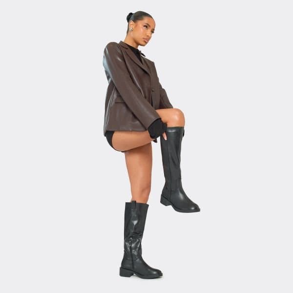 EGO Lainey Panel Detail Knee High Long Flat Biker Boot In Black Faux Leather, Women's Size UK 3