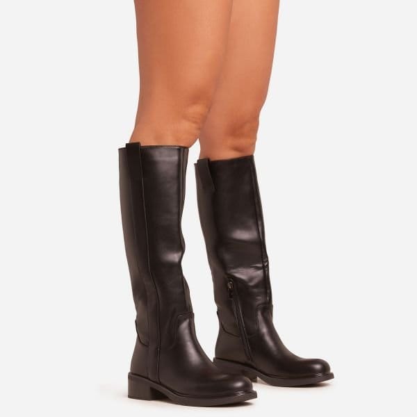 EGO Lainey Panel Detail Knee High Long Flat Biker Boot In Black Faux Leather, Women's Size UK 3 - 2