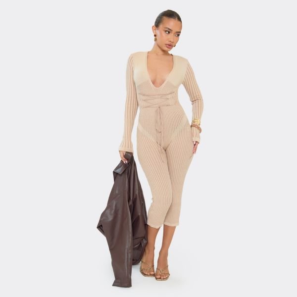 EGO Long Sleeve Plunge Strappy Waist Detail Capri Jumpsuit In Stone Contrast Rib Knit, Women's Size UK Medium M - 2