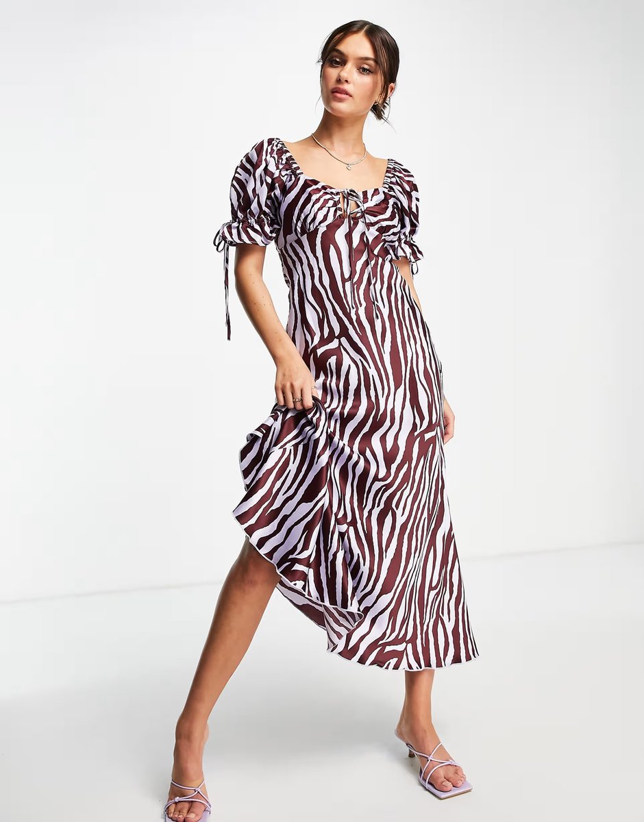 ASOS ASOS DESIGN satin midi tea dress with tie front in wine zebra print - 4